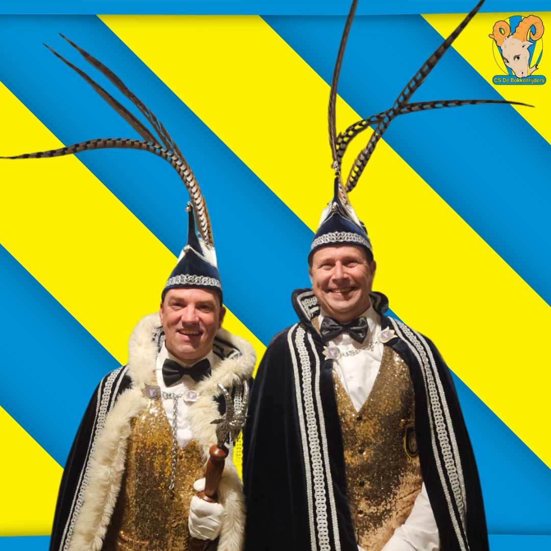 Barry en Jurgen achtergrond blauw geel Prins Barry en Adjudant Jürgen zijn de kersverse heersers over het Bokkenrijk ’25/’26